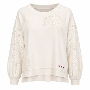 Cream CrochetLace Sweatshirt Eyelet Sleeves Embroidered Hearts Soft Aesthetic XS
